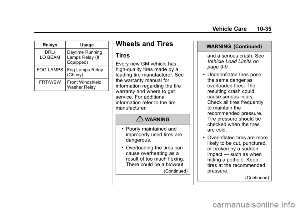 CHEVROLET TRAVERSE 2013 1.G Owners Manual Black plate (35,1)Chevrolet Traverse Owner Manual - 2013 - CRC 2nd Edition - 11/13/12
Vehicle Care 10-35
RelaysUsage
DRL/
LO BEAM Daytime Running
Lamps Relay (If
Equipped)
FOG LAMPS Fog Lamps Relay (C