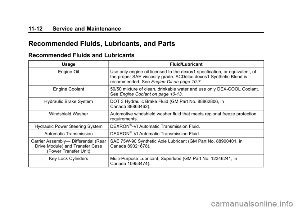 CHEVROLET TRAVERSE 2013 1.G Owners Manual Black plate (12,1)Chevrolet Traverse Owner Manual - 2013 - CRC 2nd Edition - 11/13/12
11-12 Service and Maintenance
Recommended Fluids, Lubricants, and Parts
Recommended Fluids and Lubricants
UsageFlu