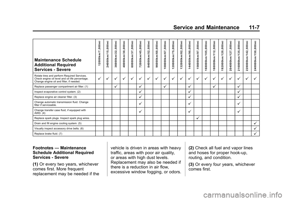 CHEVROLET TRAVERSE 2014 1.G Owners Manual Black plate (7,1)Chevrolet Traverse Owner Manual (GMNA-Localizing-U.S./Canada/Mexico-
6014422) - 2014 - crc - 3/26/13
Service and Maintenance 11-7
Maintenance Schedule
Additional Required
Services - S
