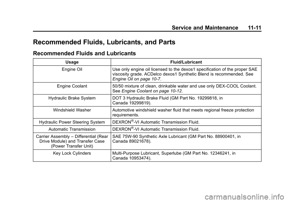 CHEVROLET TRAVERSE 2014 1.G Owners Manual Black plate (11,1)Chevrolet Traverse Owner Manual (GMNA-Localizing-U.S./Canada/Mexico-
6014422) - 2014 - crc - 3/26/13
Service and Maintenance 11-11
Recommended Fluids, Lubricants, and Parts
Recommend