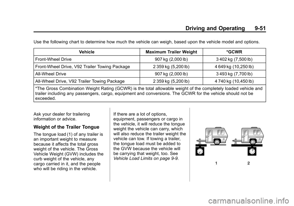 CHEVROLET TRAVERSE 2015 1.G Owners Manual Black plate (51,1)Chevrolet Traverse Owner Manual (GMNA-Localizing-U.S./Canada/Mexico-
7576032) - 2015 - CRC - 8/19/14
Driving and Operating 9-51
Use the following chart to determine how much the vehi CHEVROLET TRAVERSE 2015 1.G Owners Manual Black plate (51,1)Chevrolet Traverse Owner Manual (GMNA-Localizing-U.S./Canada/Mexico-
7576032) - 2015 - CRC - 8/19/14
Driving and Operating 9-51
Use the following chart to determine how much the vehi