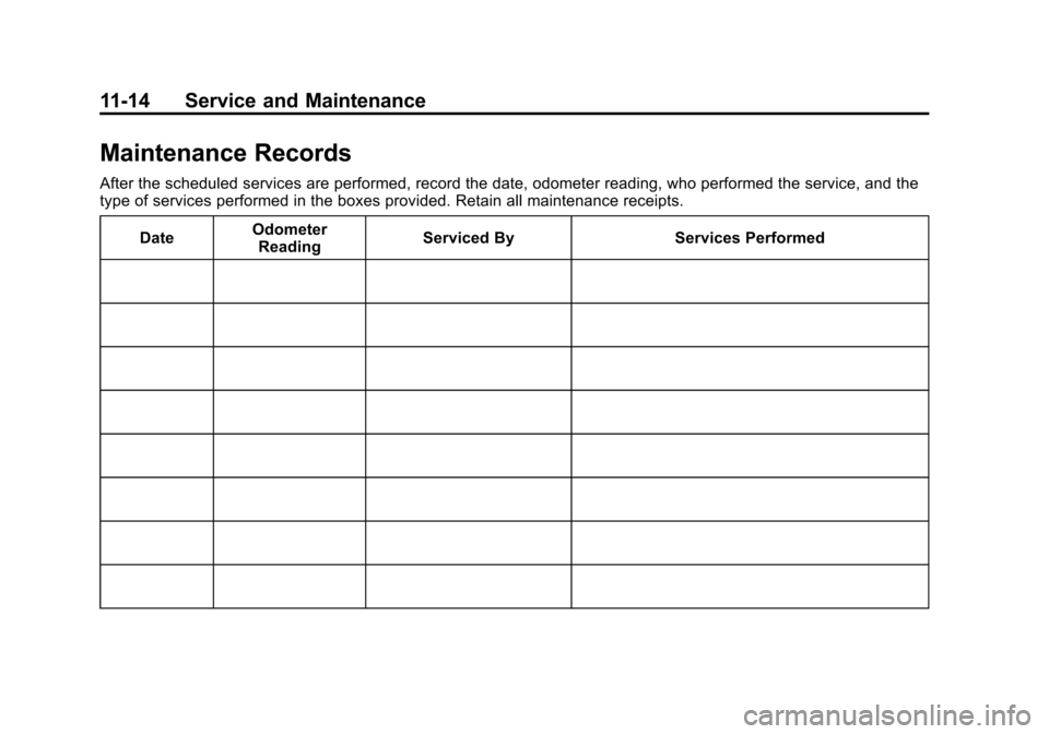 CHEVROLET TRAVERSE 2015 1.G Owners Manual Black plate (14,1)Chevrolet Traverse Owner Manual (GMNA-Localizing-U.S./Canada/Mexico-
7576032) - 2015 - CRC - 8/19/14
11-14 Service and Maintenance
Maintenance Records
After the scheduled services ar CHEVROLET TRAVERSE 2015 1.G Owners Manual Black plate (14,1)Chevrolet Traverse Owner Manual (GMNA-Localizing-U.S./Canada/Mexico-
7576032) - 2015 - CRC - 8/19/14
11-14 Service and Maintenance
Maintenance Records
After the scheduled services ar