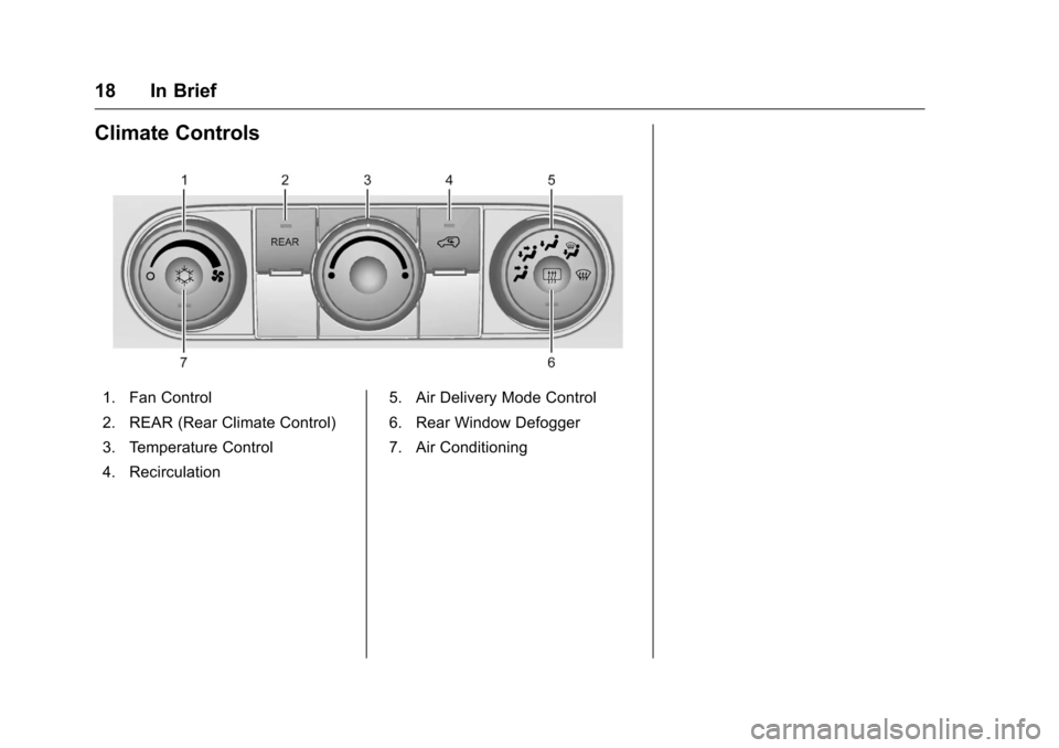 CHEVROLET TRAVERSE 2016 1.G User Guide Chevrolet Traverse Owner Manual (GMNA-Localizing-U.S./Canada/Mexico-
9159264) - 2016 - crc - 8/17/15
18 In Brief
Climate Controls
1. Fan Control
2. REAR (Rear Climate Control)
3. Temperature Control
4