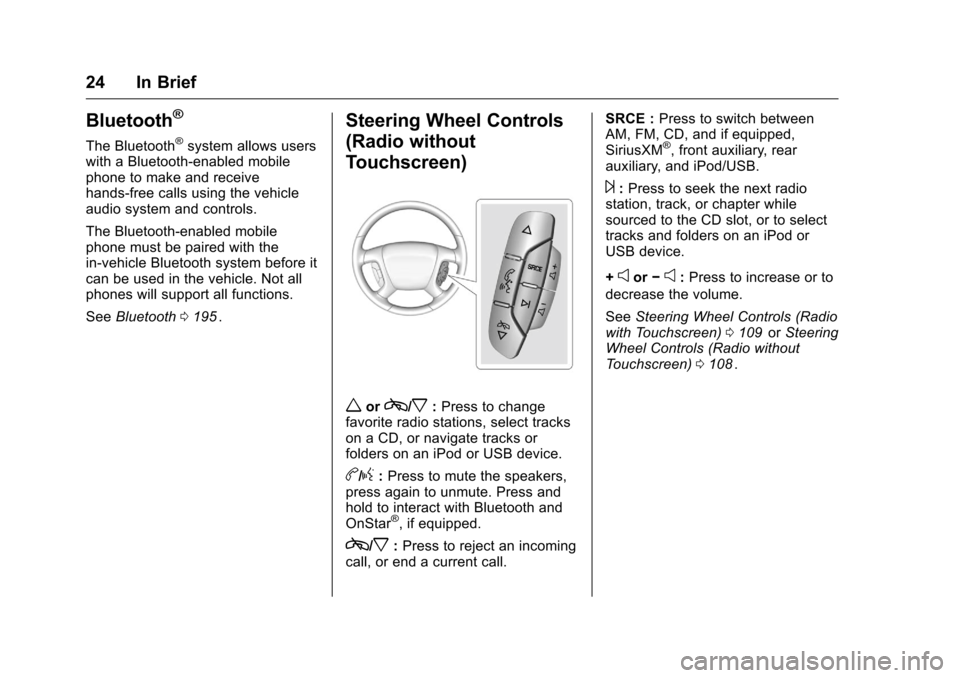 CHEVROLET TRAVERSE 2016 1.G Owners Manual Chevrolet Traverse Owner Manual (GMNA-Localizing-U.S./Canada/Mexico-
9159264) - 2016 - crc - 8/17/15
24 In Brief
Bluetooth®
The Bluetooth®system allows users
with a Bluetooth-enabled mobile
phone to
