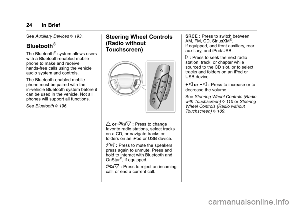 CHEVROLET TRAVERSE 2017 1.G Owners Manual Chevrolet Traverse Owner Manual (GMNA-Localizing-U.S./Canada/Mexico-
9955676) - 2017 - crc - 3/29/16
24 In Brief
SeeAuxiliary Devices 0193.
Bluetooth®
The Bluetooth®system allows users
with a Blueto