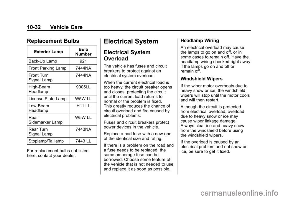 CHEVROLET TRAX 2013 1.G Owners Manual Black plate (32,1)Chevrolet TRAX Owner Manual - 2013 - CRC - 3/6/13
10-32 Vehicle Care
Replacement Bulbs
Exterior LampBulb
Number
Back-Up Lamp 921
Front Parking Lamp 7444NA
Front Turn
Signal Lamp 7444