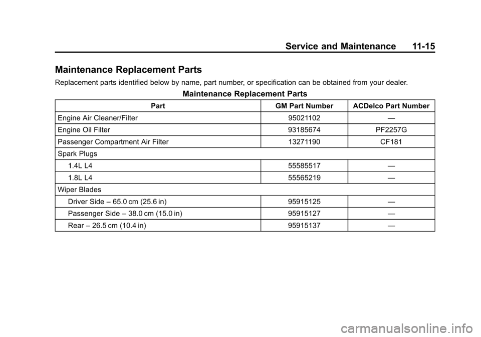 CHEVROLET TRAX 2013 1.G Owners Manual Black plate (15,1)Chevrolet TRAX Owner Manual - 2013 - CRC - 3/6/13
Service and Maintenance 11-15
Maintenance Replacement Parts
Replacement parts identified below by name, part number, or specificatio CHEVROLET TRAX 2013 1.G Owners Manual Black plate (15,1)Chevrolet TRAX Owner Manual - 2013 - CRC - 3/6/13
Service and Maintenance 11-15
Maintenance Replacement Parts
Replacement parts identified below by name, part number, or specificatio