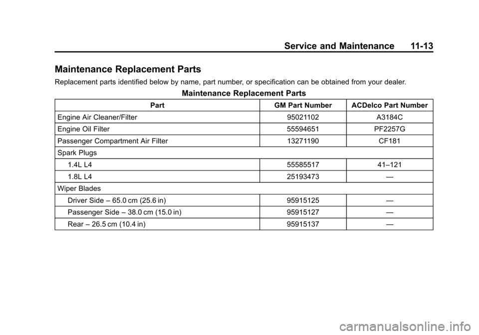 CHEVROLET TRAX 2015 1.G Owners Manual Black plate (13,1)Chevrolet TRAX Owner Manual (GMNA-Localizing-U.S./Canada/Mexico-
7576294) - 2015 - CRC - 2/6/15
Service and Maintenance 11-13
Maintenance Replacement Parts
Replacement parts identifi CHEVROLET TRAX 2015 1.G Owners Manual Black plate (13,1)Chevrolet TRAX Owner Manual (GMNA-Localizing-U.S./Canada/Mexico-
7576294) - 2015 - CRC - 2/6/15
Service and Maintenance 11-13
Maintenance Replacement Parts
Replacement parts identifi