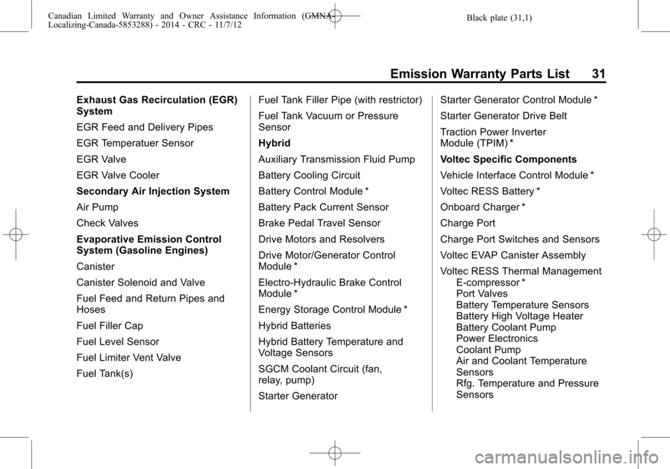 CHEVROLET TRAX 2015 1.G Warranty Guide Black plate (31,1)Canadian Limited Warranty and Owner Assistance Information (GMNA-
Localizing-Canada-5853288) - 2014 - CRC - 11/7/12
Emission Warranty Parts List 31
Exhaust Gas Recirculation (EGR)
Sy