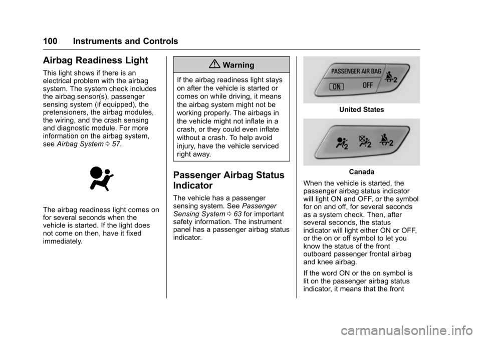 CHEVROLET TRAX 2016 1.G Owners Manual Chevrolet TRAX Owner Manual (GMNA-Localizing-U.S./Canada/Mexico-
9159371) - 2016 - crc - 5/21/15
100 Instruments and Controls
Airbag Readiness Light
This light shows if there is an
electrical problem 