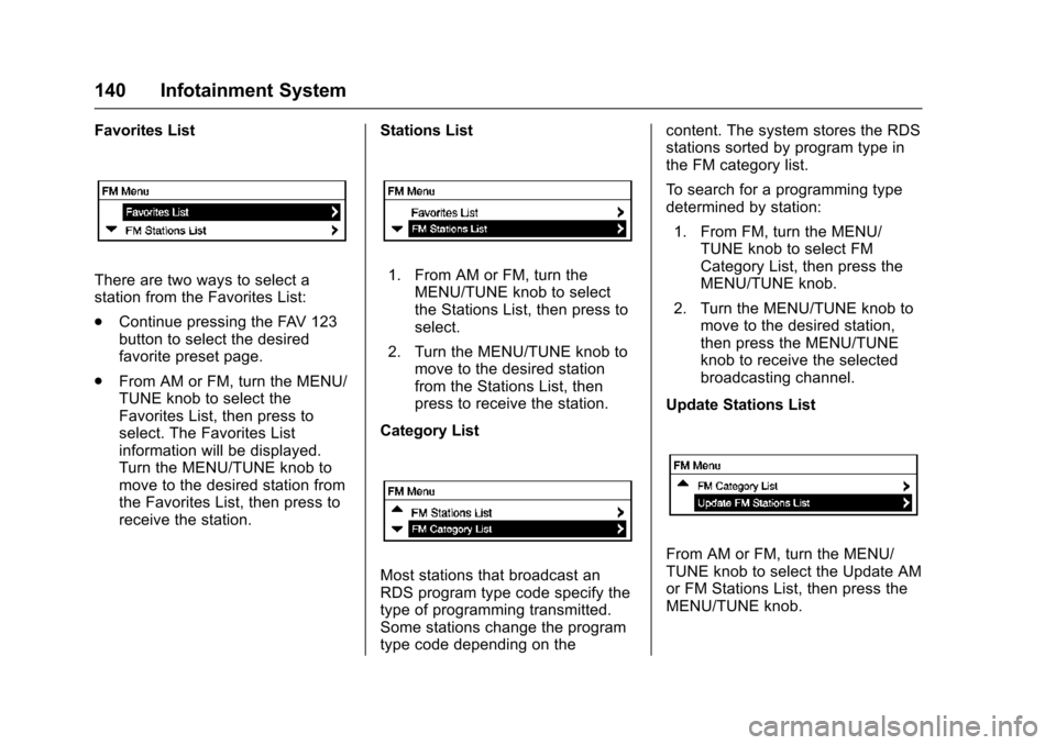 CHEVROLET TRAX 2016 1.G Owners Manual Chevrolet TRAX Owner Manual (GMNA-Localizing-U.S./Canada/Mexico-
9159371) - 2016 - crc - 5/21/15
140 Infotainment System
Favorites List
There are two ways to select a
station from the Favorites List:
