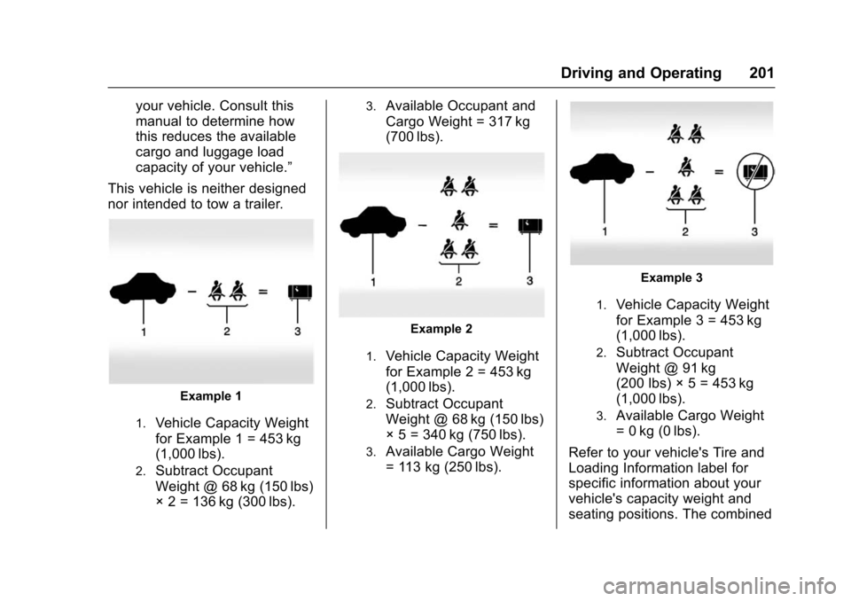 CHEVROLET TRAX 2016 1.G Owners Manual Chevrolet TRAX Owner Manual (GMNA-Localizing-U.S./Canada/Mexico-
9159371) - 2016 - crc - 5/21/15
Driving and Operating 201
your vehicle. Consult this
manual to determine how
this reduces the available