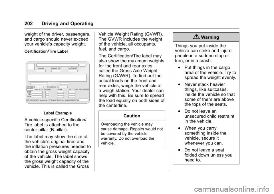 CHEVROLET TRAX 2016 1.G Owners Guide Chevrolet TRAX Owner Manual (GMNA-Localizing-U.S./Canada/Mexico-
9159371) - 2016 - crc - 5/21/15
202 Driving and Operating
weight of the driver, passengers,
and cargo should never exceed
your vehicle