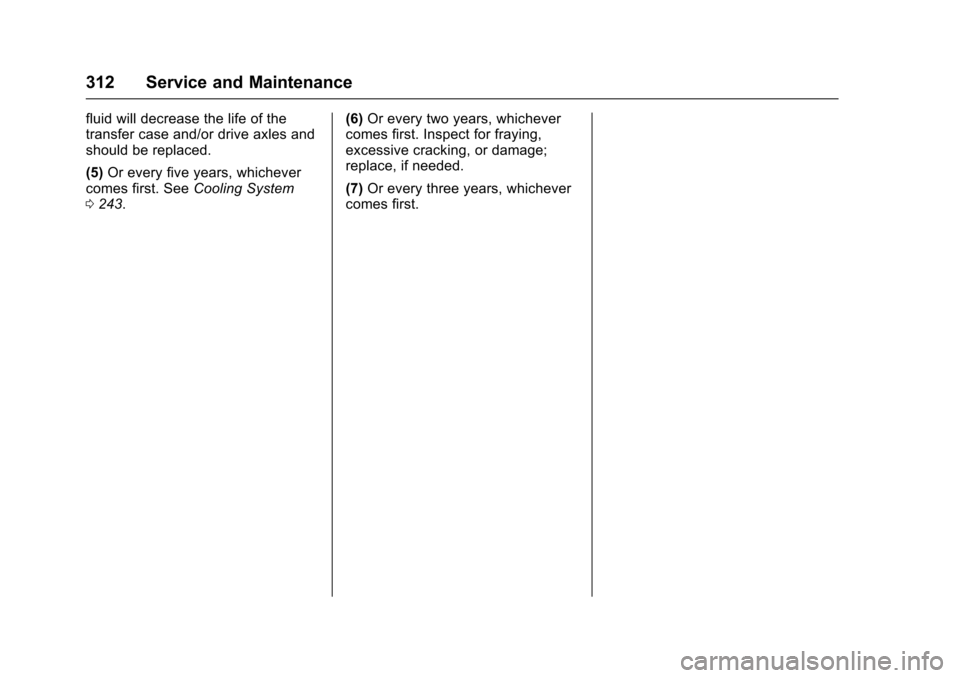 CHEVROLET TRAX 2016 1.G Owners Manual Chevrolet TRAX Owner Manual (GMNA-Localizing-U.S./Canada/Mexico-
9159371) - 2016 - crc - 5/21/15
312 Service and Maintenance
fluid will decrease the life of the
transfer case and/or drive axles and
sh CHEVROLET TRAX 2016 1.G Owners Manual Chevrolet TRAX Owner Manual (GMNA-Localizing-U.S./Canada/Mexico-
9159371) - 2016 - crc - 5/21/15
312 Service and Maintenance
fluid will decrease the life of the
transfer case and/or drive axles and
sh