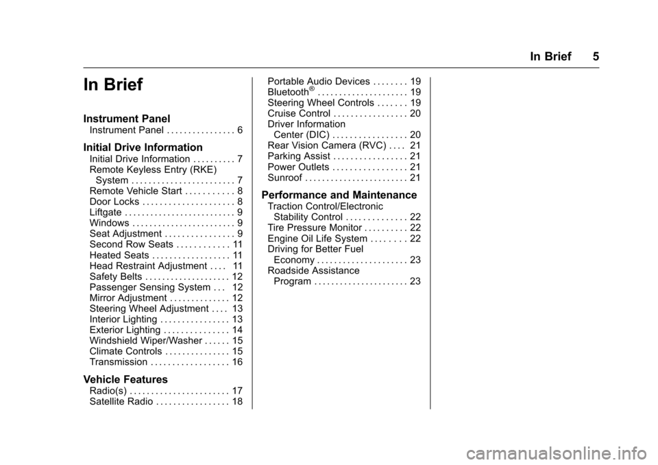 CHEVROLET TRAX 2016 1.G Owners Manual Chevrolet TRAX Owner Manual (GMNA-Localizing-U.S./Canada/Mexico-
9159371) - 2016 - crc - 5/21/15
In Brief 5
In Brief
Instrument Panel
Instrument Panel . . . . . . . . . . . . . . . . 6
Initial Drive I