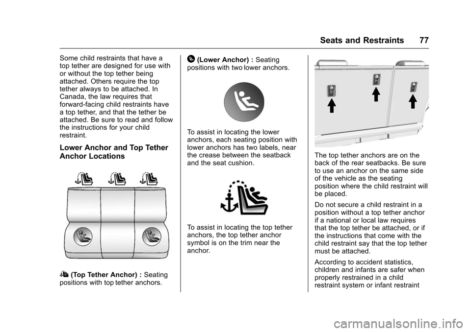 CHEVROLET TRAX 2016 1.G Owners Manual Chevrolet TRAX Owner Manual (GMNA-Localizing-U.S./Canada/Mexico-
9159371) - 2016 - crc - 5/21/15
Seats and Restraints 77
Some child restraints that have a
top tether are designed for use with
or witho