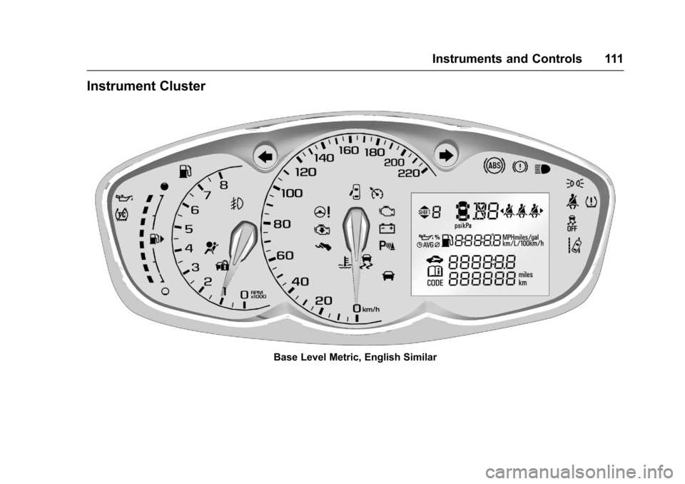 CHEVROLET TRAX 2017 1.G Owners Manual Chevrolet TRAX Owner Manual (GMNA-Localizing-U.S./Canada/Mexico-
10122735) - 2017 - crc - 7/12/16
Instruments and Controls 111
Instrument Cluster
Base Level Metric, English Similar CHEVROLET TRAX 2017 1.G Owners Manual Chevrolet TRAX Owner Manual (GMNA-Localizing-U.S./Canada/Mexico-
10122735) - 2017 - crc - 7/12/16
Instruments and Controls 111
Instrument Cluster
Base Level Metric, English Similar