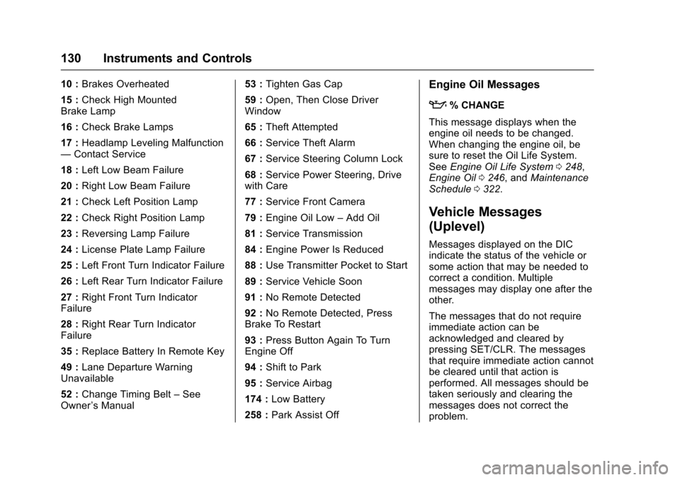CHEVROLET TRAX 2017 1.G Owners Manual Chevrolet TRAX Owner Manual (GMNA-Localizing-U.S./Canada/Mexico-
10122735) - 2017 - crc - 7/12/16
130 Instruments and Controls
10 :Brakes Overheated
15 : Check High Mounted
Brake Lamp
16 : Check Brake