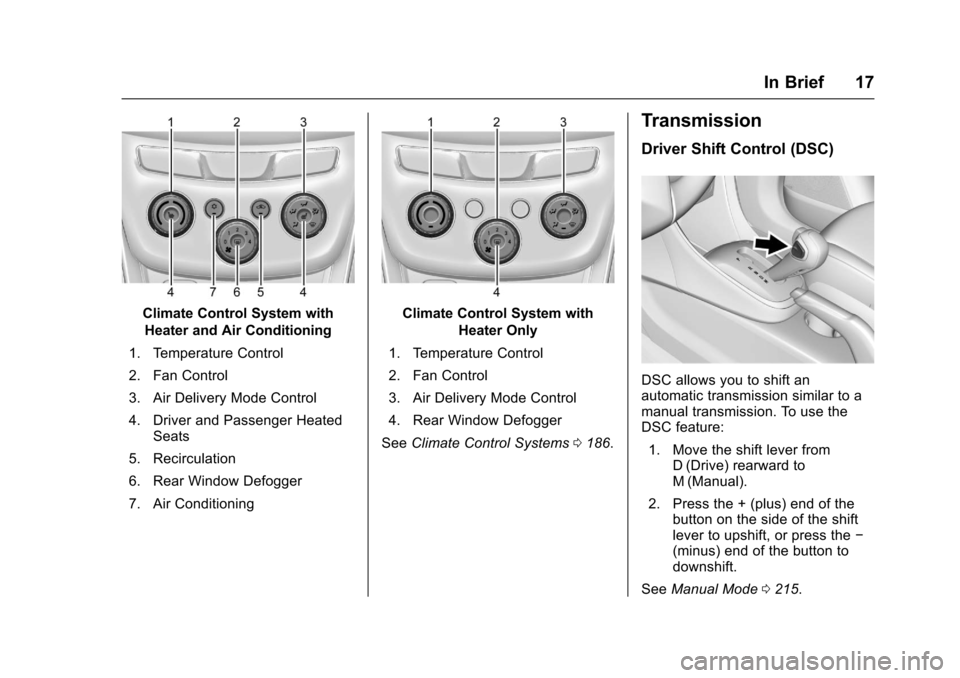 CHEVROLET TRAX 2017 1.G Owners Manual Chevrolet TRAX Owner Manual (GMNA-Localizing-U.S./Canada/Mexico-
10122735) - 2017 - crc - 7/12/16
In Brief 17
Climate Control System withHeater and Air Conditioning
1. Temperature Control
2. Fan Contr