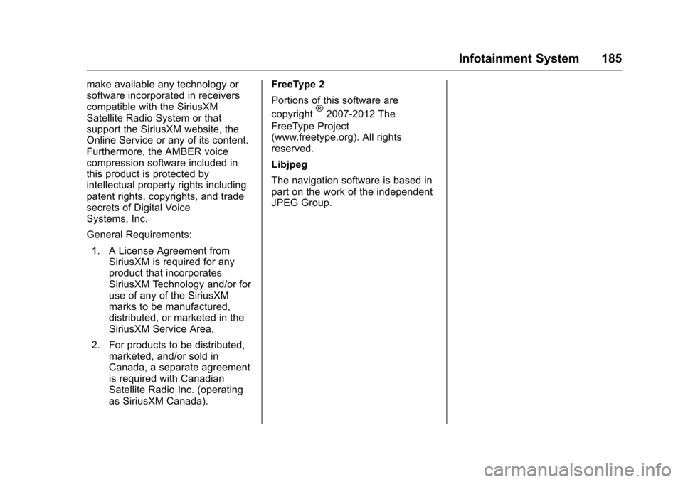 CHEVROLET TRAX 2017 1.G Owners Manual Chevrolet TRAX Owner Manual (GMNA-Localizing-U.S./Canada/Mexico-
10122735) - 2017 - crc - 7/12/16
Infotainment System 185
make available any technology or
software incorporated in receivers
compatible