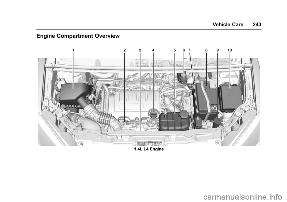 CHEVROLET TRAX 2017 1.G Owners Manual Chevrolet TRAX Owner Manual (GMNA-Localizing-U.S./Canada/Mexico-
10122735) - 2017 - crc - 7/12/16
Vehicle Care 243
Engine Compartment Overview
1.4L L4 Engine CHEVROLET TRAX 2017 1.G Owners Manual Chevrolet TRAX Owner Manual (GMNA-Localizing-U.S./Canada/Mexico-
10122735) - 2017 - crc - 7/12/16
Vehicle Care 243
Engine Compartment Overview
1.4L L4 Engine