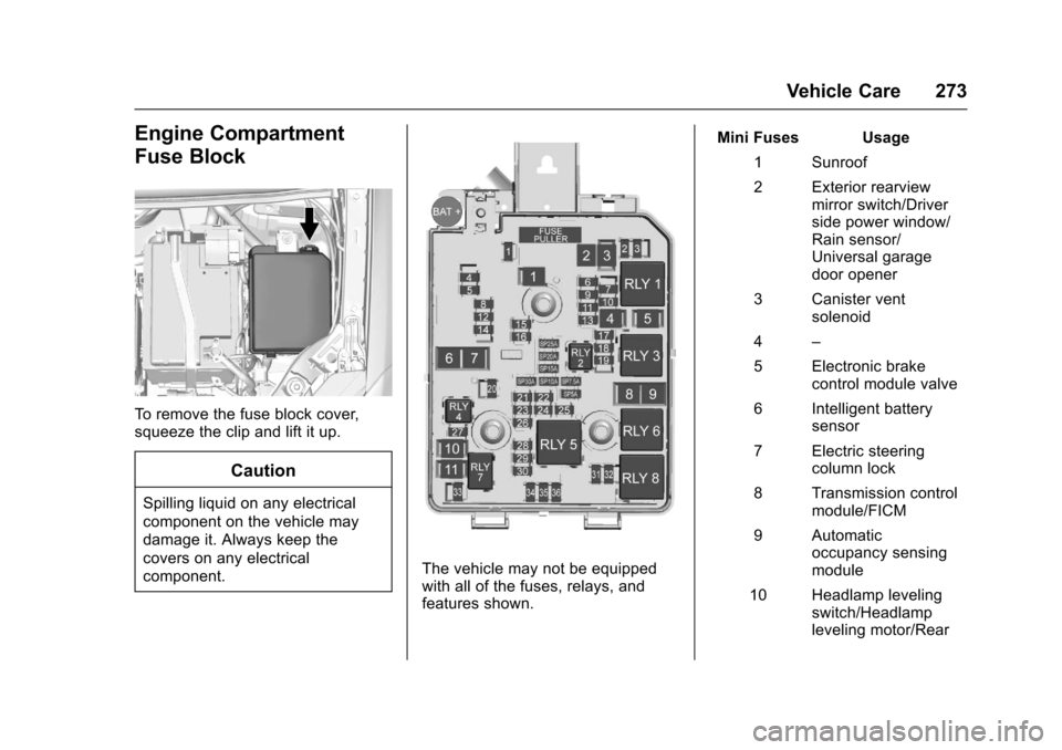 CHEVROLET TRAX 2017 1.G Owners Manual Chevrolet TRAX Owner Manual (GMNA-Localizing-U.S./Canada/Mexico-
10122735) - 2017 - crc - 7/12/16
Vehicle Care 273
Engine Compartment
Fuse Block
To remove the fuse block cover,
squeeze the clip and li CHEVROLET TRAX 2017 1.G Owners Manual Chevrolet TRAX Owner Manual (GMNA-Localizing-U.S./Canada/Mexico-
10122735) - 2017 - crc - 7/12/16
Vehicle Care 273
Engine Compartment
Fuse Block
To remove the fuse block cover,
squeeze the clip and li