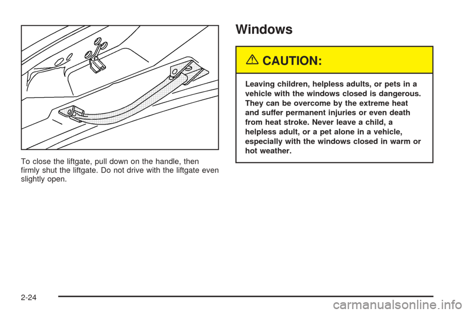 CHEVROLET UPLANDER 2005 1.G Owners Manual To close the liftgate, pull down on the handle, then
�rmly shut the liftgate. Do not drive with the liftgate even
slightly open.
Windows
{CAUTION:
Leaving children, helpless adults, or pets in a
vehic