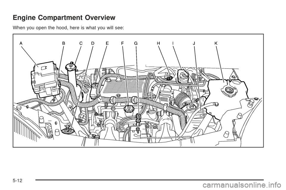 CHEVROLET UPLANDER 2005 1.G Owners Manual Engine Compartment Overview
When you open the hood, here is what you will see:
5-12 