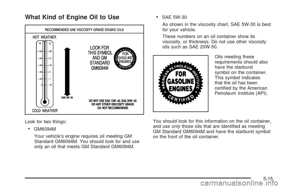 CHEVROLET UPLANDER 2005 1.G Owners Manual What Kind of Engine Oil to Use
Look for two things:
GM6094M
Your vehicle’s engine requires oil meeting GM
Standard GM6094M. You should look for and use
only an oil that meets GM Standard GM6094M.
