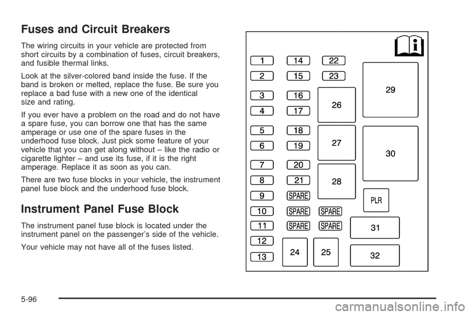 CHEVROLET UPLANDER 2005 1.G Owners Manual Fuses and Circuit Breakers
The wiring circuits in your vehicle are protected from
short circuits by a combination of fuses, circuit breakers,
and fusible thermal links.
Look at the silver-colored band