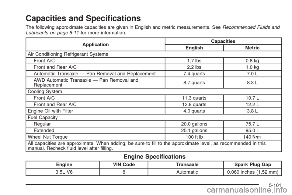 CHEVROLET UPLANDER 2005 1.G Owners Manual Capacities and Speci�cations
The following approximate capacities are given in English and metric measurements. SeeRecommended Fluids and
Lubricants on page 6-11for more information.
ApplicationCapaci