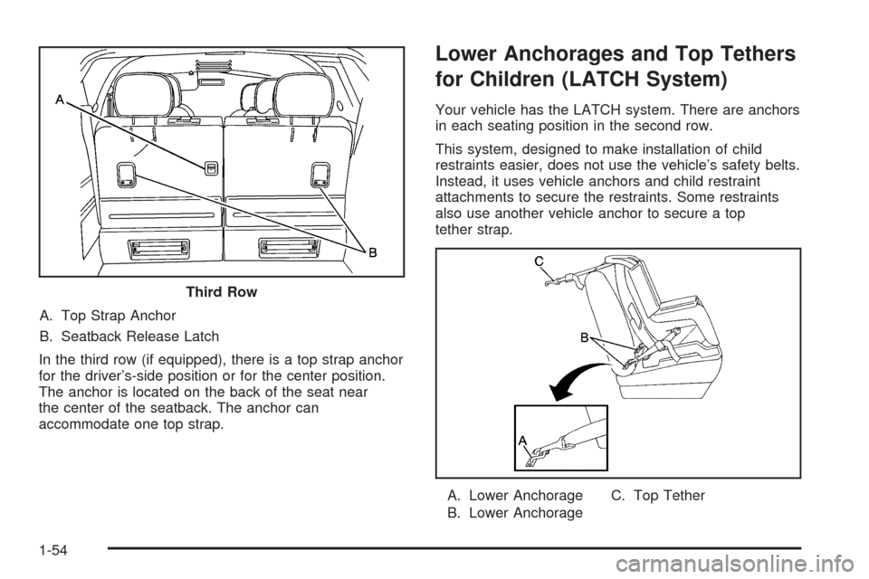 CHEVROLET UPLANDER 2005 1.G Workshop Manual A. Top Strap Anchor
B. Seatback Release Latch
In the third row (if equipped), there is a top strap anchor
for the driver’s-side position or for the center position.
The anchor is located on the back