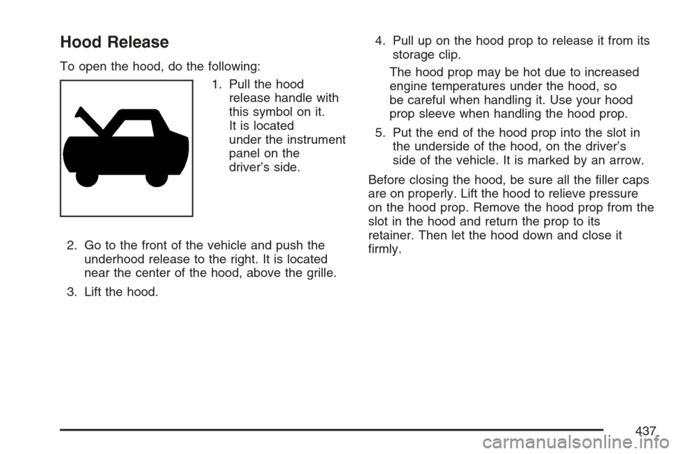 CHEVROLET UPLANDER 2007 1.G Owners Manual Hood Release
To open the hood, do the following:
1. Pull the hood
release handle with
this symbol on it.
It is located
under the instrument
panel on the
driver’s side.
2. Go to the front of the vehi