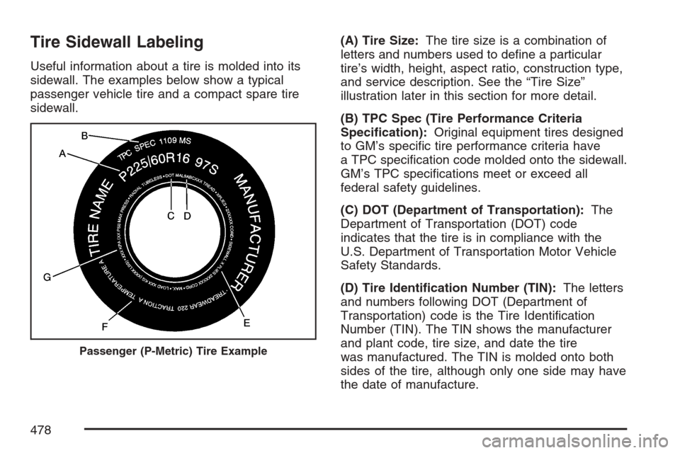 CHEVROLET UPLANDER 2007 1.G Owners Manual Tire Sidewall Labeling
Useful information about a tire is molded into its
sidewall. The examples below show a typical
passenger vehicle tire and a compact spare tire
sidewall.(A) Tire Size:The tire si