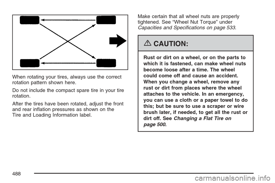 CHEVROLET UPLANDER 2007 1.G Owners Manual When rotating your tires, always use the correct
rotation pattern shown here.
Do not include the compact spare tire in your tire
rotation.
After the tires have been rotated, adjust the front
and rear 