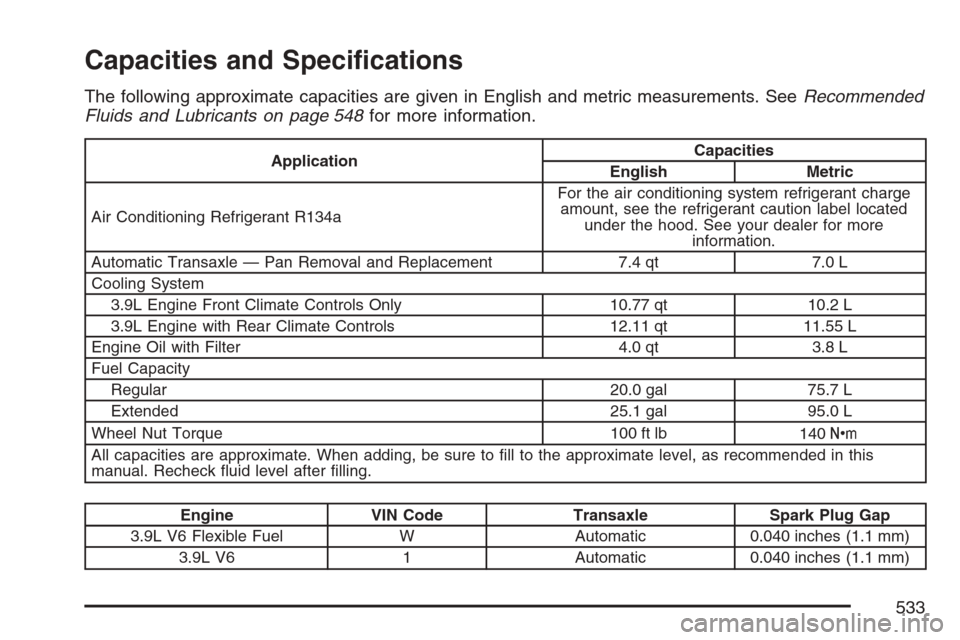 CHEVROLET UPLANDER 2007 1.G Owners Manual Capacities and Speci�cations
The following approximate capacities are given in English and metric measurements. SeeRecommended
Fluids and Lubricants on page 548for more information.
ApplicationCapacit