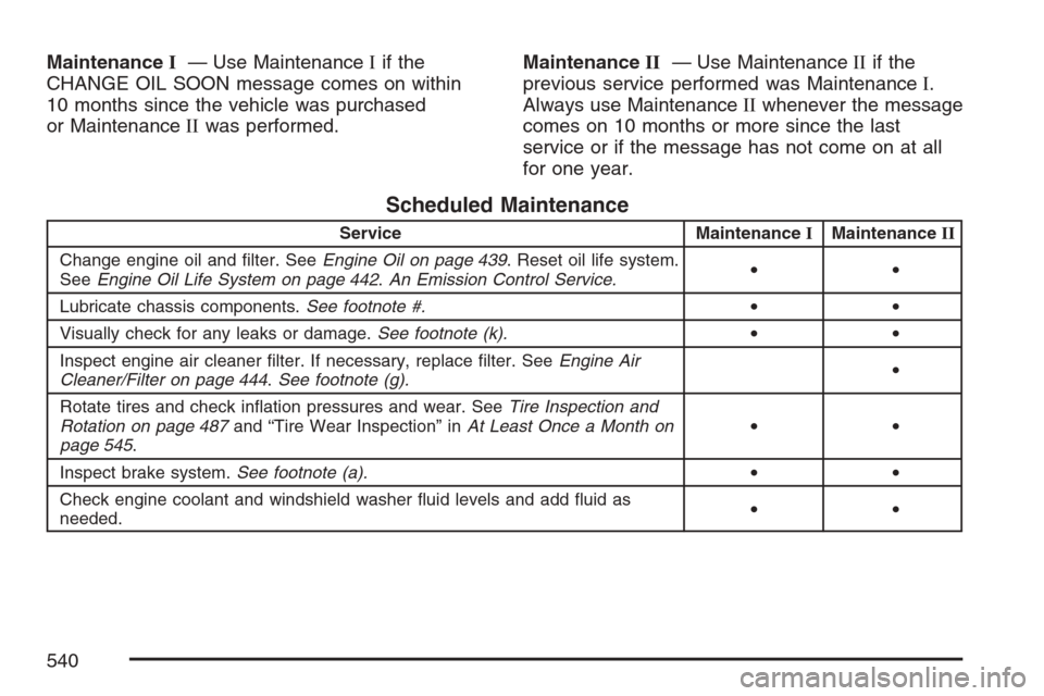 CHEVROLET UPLANDER 2007 1.G Owners Manual MaintenanceI— Use MaintenanceIif the
CHANGE OIL SOON message comes on within
10 months since the vehicle was purchased
or MaintenanceIIwas performed.MaintenanceII— Use MaintenanceIIif the
previous