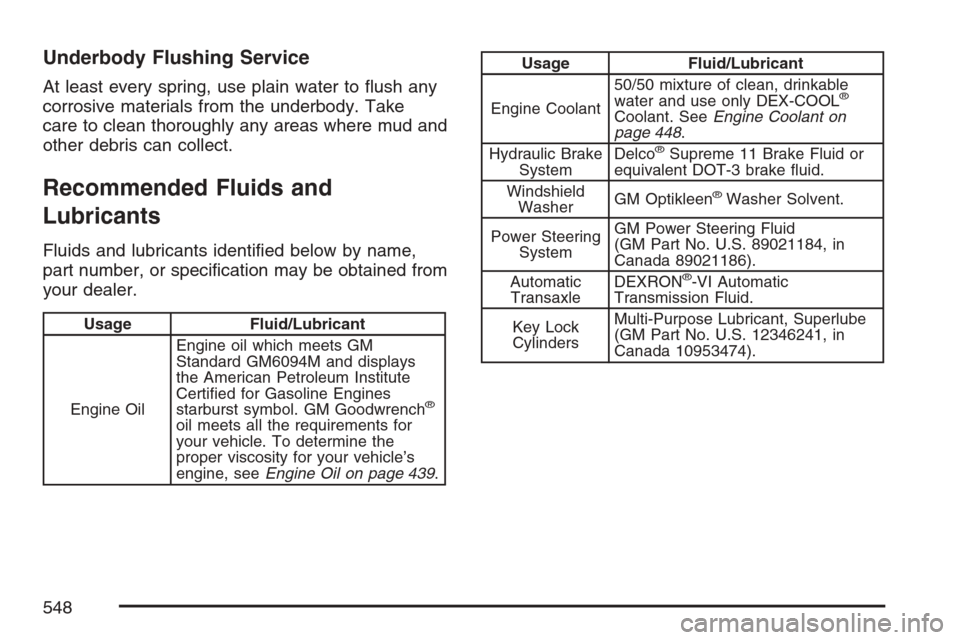 CHEVROLET UPLANDER 2007 1.G Owners Manual Underbody Flushing Service
At least every spring, use plain water to �ush any
corrosive materials from the underbody. Take
care to clean thoroughly any areas where mud and
other debris can collect.
Re