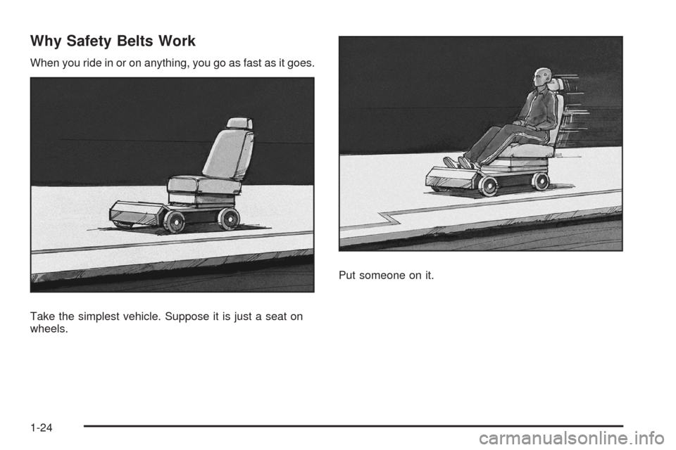 CHEVROLET UPLANDER 2008 1.G Owners Manual Why Safety Belts Work
When you ride in or on anything, you go as fast as it goes.
Take the simplest vehicle. Suppose it is just a seat on
wheels.Put someone on it.
1-24 