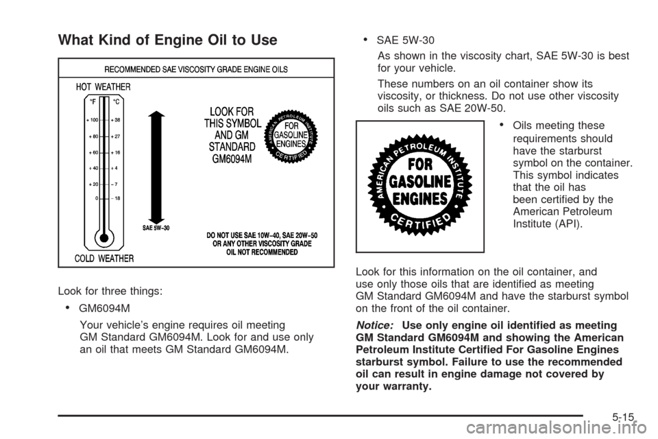 CHEVROLET UPLANDER 2008 1.G Owners Manual What Kind of Engine Oil to Use
Look for three things:
GM6094M
Your vehicleâs engine requires oil meeting
GM Standard GM6094M. Look for and use only
an oil that meets GM Standard GM6094M.
SAE 5W-30
A CHEVROLET UPLANDER 2008 1.G Owners Manual What Kind of Engine Oil to Use
Look for three things:
GM6094M
Your vehicleâs engine requires oil meeting
GM Standard GM6094M. Look for and use only
an oil that meets GM Standard GM6094M.
SAE 5W-30
A