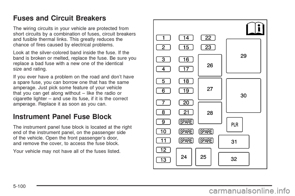 CHEVROLET UPLANDER 2008 1.G Owners Manual Fuses and Circuit Breakers
The wiring circuits in your vehicle are protected from
short circuits by a combination of fuses, circuit breakers
and fusible thermal links. This greatly reduces the
chance 