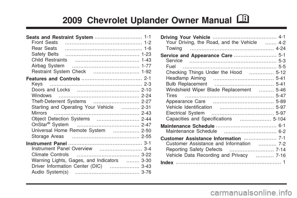 CHEVROLET UPLANDER 2009 1.G Owners Manual 