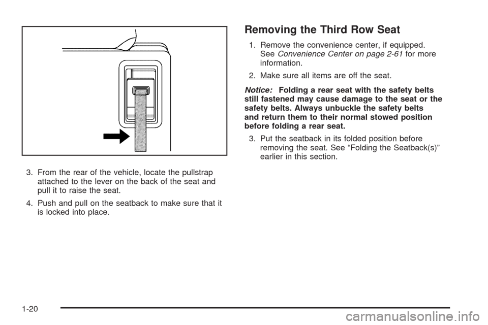 CHEVROLET UPLANDER 2009 1.G Owners Manual 3. From the rear of the vehicle, locate the pullstrap
attached to the lever on the back of the seat and
pull it to raise the seat.
4. Push and pull on the seatback to make sure that it
is locked into 