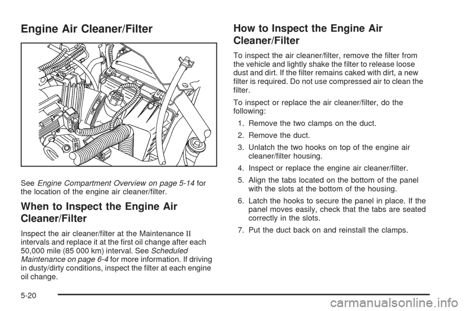 CHEVROLET UPLANDER 2009 1.G Owners Manual Engine Air Cleaner/Filter
SeeEngine Compartment Overview on page 5-14for
the location of the engine air cleaner/�lter.
When to Inspect the Engine Air
Cleaner/Filter
Inspect the air cleaner/�lter at th