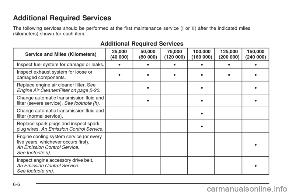 CHEVROLET UPLANDER 2009 1.G Owners Manual Additional Required Services
The following services should be performed at the �rst maintenance service (IorII) after the indicated miles
(kilometers) shown for each item.
Additional Required Services