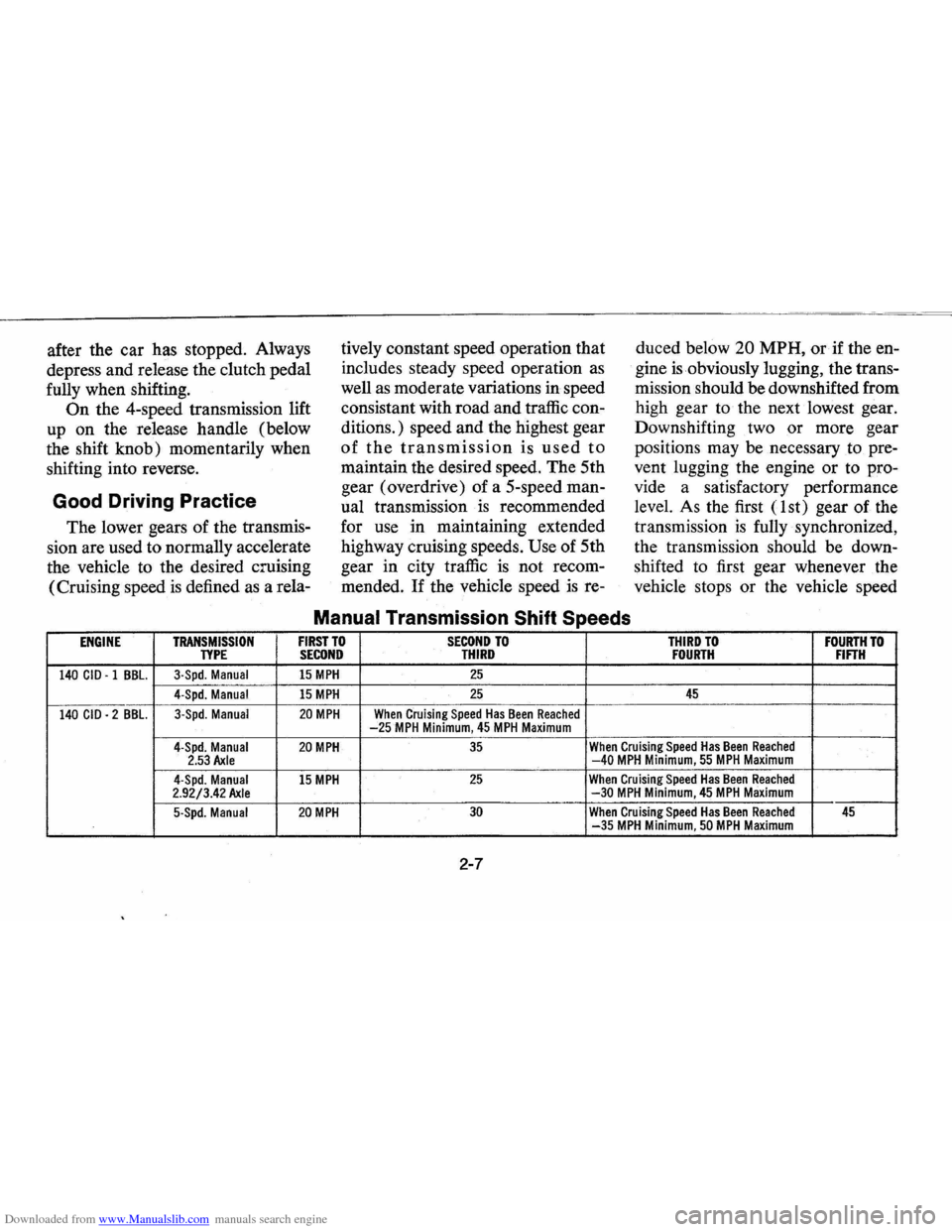 CHEVROLET VEGA 1976 1.G Owners Manual Downloaded from www.Manualslib.com manuals search engine after the car has stopped. Always
depress and release the clutch pedal
fully when shifting.
On the 4-speed transmission lift
up CHEVROLET VEGA 1976 1.G Owners Manual Downloaded from www.Manualslib.com manuals search engine after the car has stopped. Always
depress and release the clutch pedal
fully when shifting.
On the 4-speed transmission lift
up