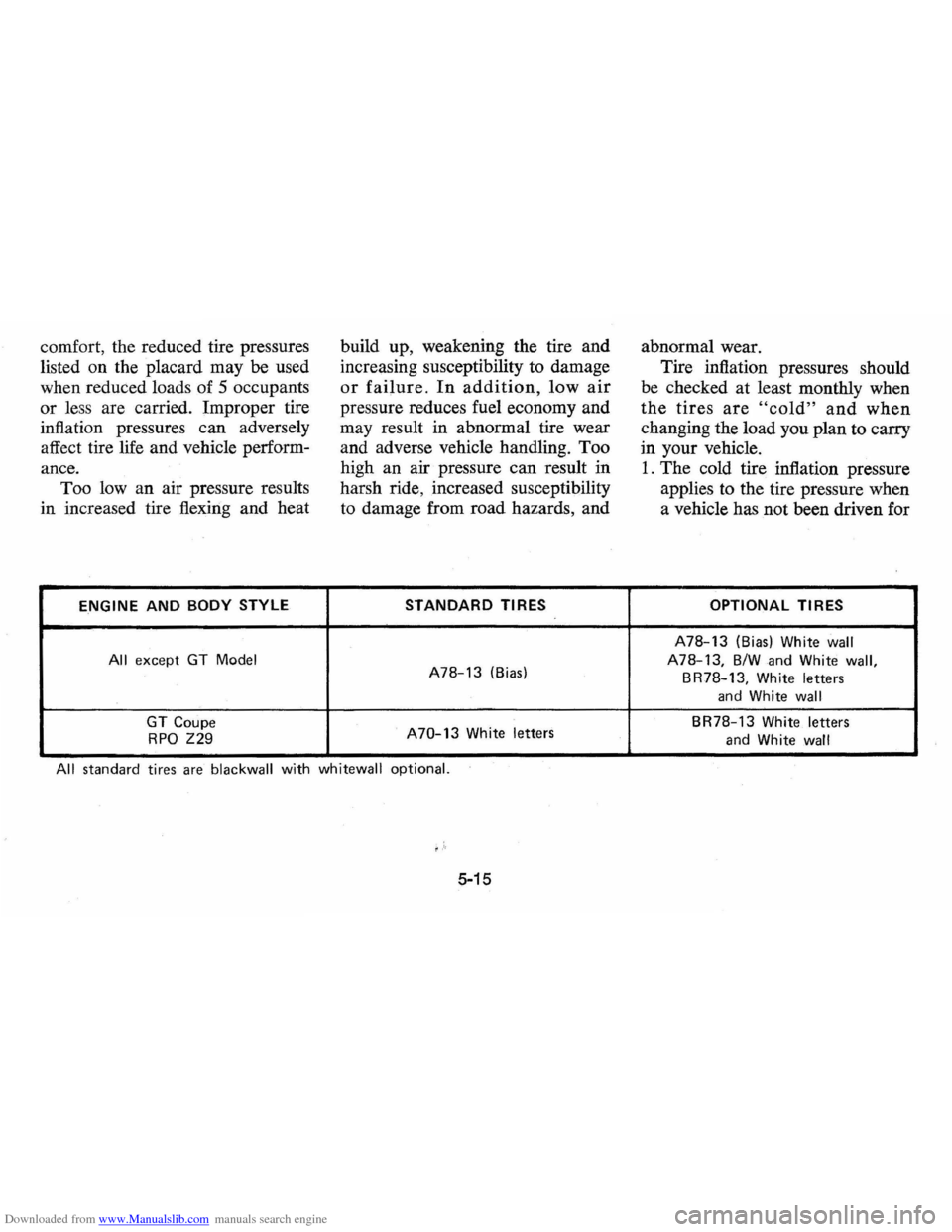 CHEVROLET VEGA 1976 1.G Owners Manual Downloaded from www.Manualslib.com manuals search engine comfort, the reduced  tire pressures 
listed  on the  placard  may 
be used 
when  reduced  loads of 5 occupants 
or  less  are carried.  Impro