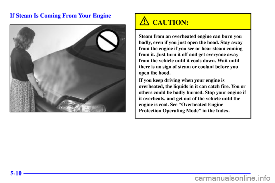 CHEVROLET VENTURE 2002 1.G Owners Manual 5-10 If Steam Is Coming From Your Engine
CAUTION:
Steam from an overheated engine can burn you
badly, even if you just open the hood. Stay away
from the engine if you see or hear steam coming
from it. CHEVROLET VENTURE 2002 1.G Owners Manual 5-10 If Steam Is Coming From Your Engine
CAUTION:
Steam from an overheated engine can burn you
badly, even if you just open the hood. Stay away
from the engine if you see or hear steam coming
from it.
