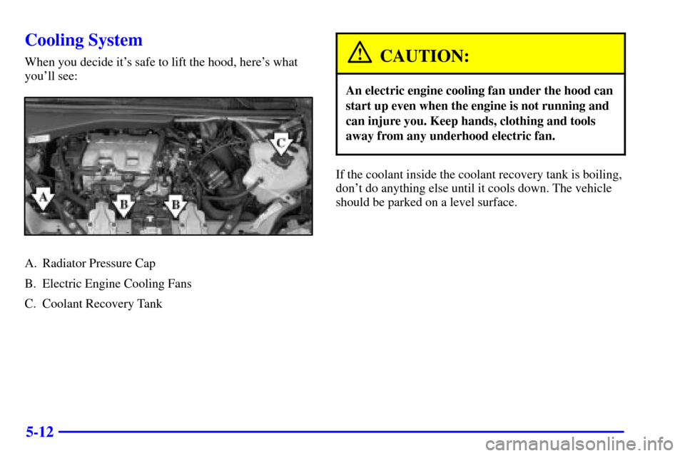 CHEVROLET VENTURE 2002 1.G Owners Manual 5-12
Cooling System
When you decide its safe to lift the hood, heres what
youll see:
A. Radiator Pressure Cap
B. Electric Engine Cooling Fans
C. Coolant Recovery Tank
CAUTION:
An electric engine co