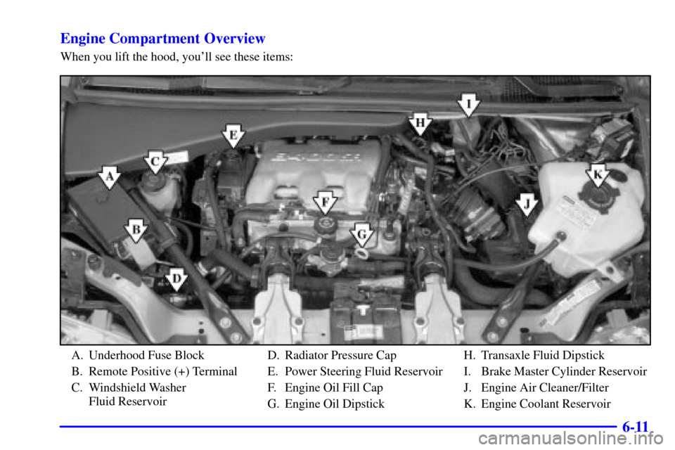 CHEVROLET VENTURE 2002 1.G Owners Manual 6-11 Engine Compartment Overview
When you lift the hood, youll see these items:
A. Underhood Fuse Block
B. Remote Positive (+) Terminal
C. Windshield Washer 
Fluid ReservoirD. Radiator Pressure Cap
E